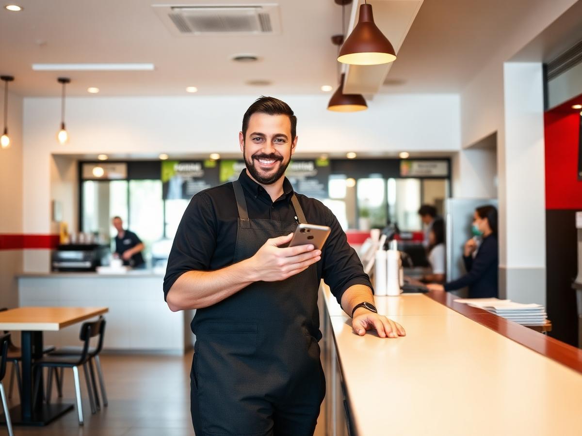 Dono de restaurante usando a CEVO no celular